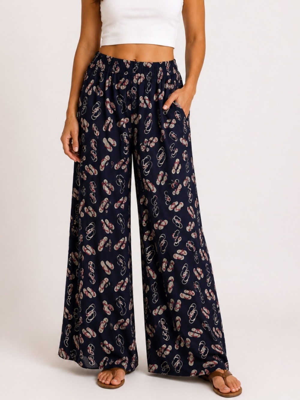 Neeru Kumar India Wide Leg Pants Womens M Palazzo Flip Flop Print Resort Flowy